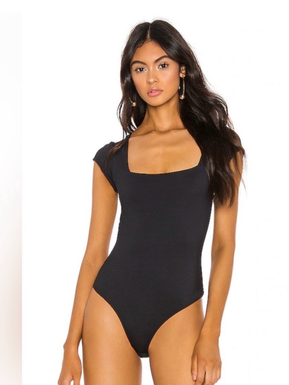 Free People Black Square-Neck Cap Sleeve Bodysuit